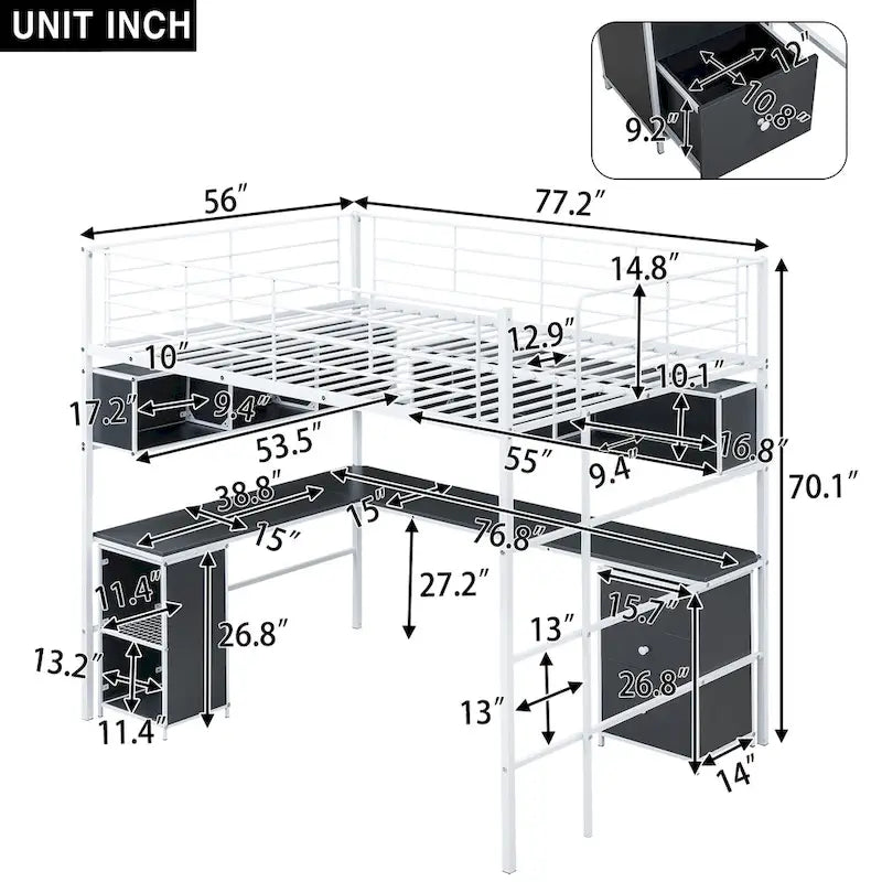 Full Size Loft Bed with Bookcase & Cabinet, Metal Loft Bed with L -shaped Built-in Desk, Metal Bed Frame for Kids, Teens, Adults