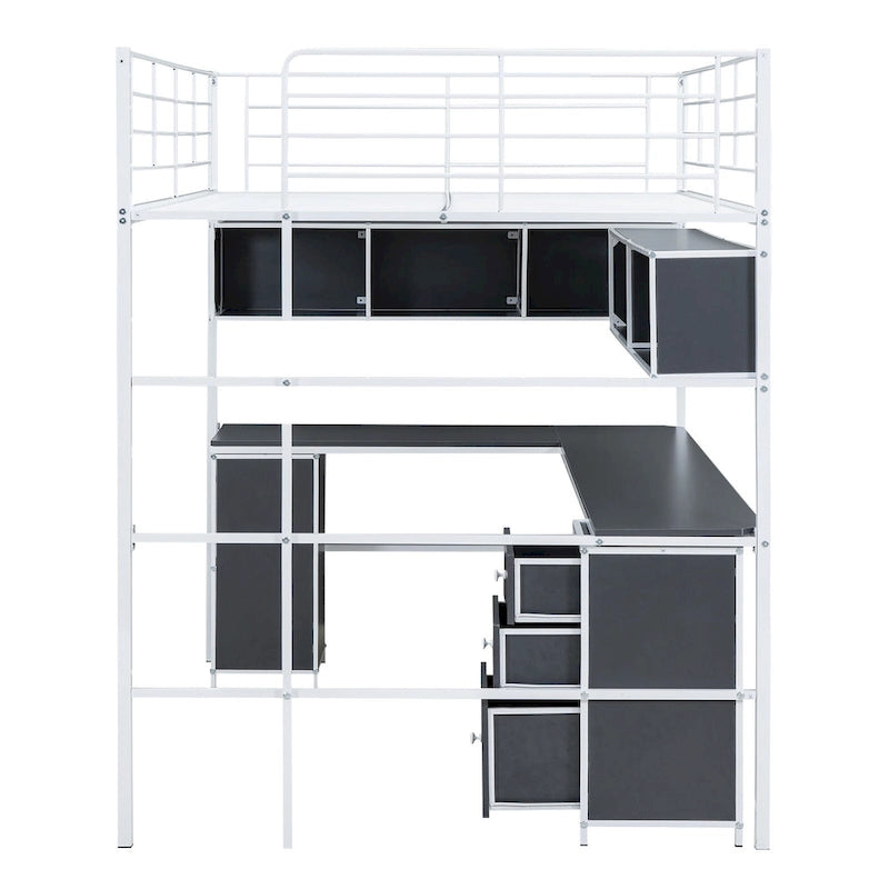 Full Size Loft Bed with Bookcase & Cabinet, Metal Loft Bed with L -shaped Built-in Desk, Metal Bed Frame for Kids, Teens, Adults