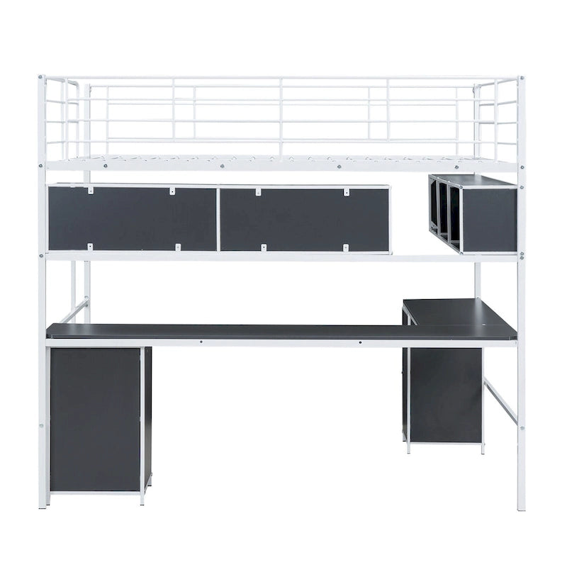 Full Size Loft Bed with Bookcase & Cabinet, Metal Loft Bed with L -shaped Built-in Desk, Metal Bed Frame for Kids, Teens, Adults
