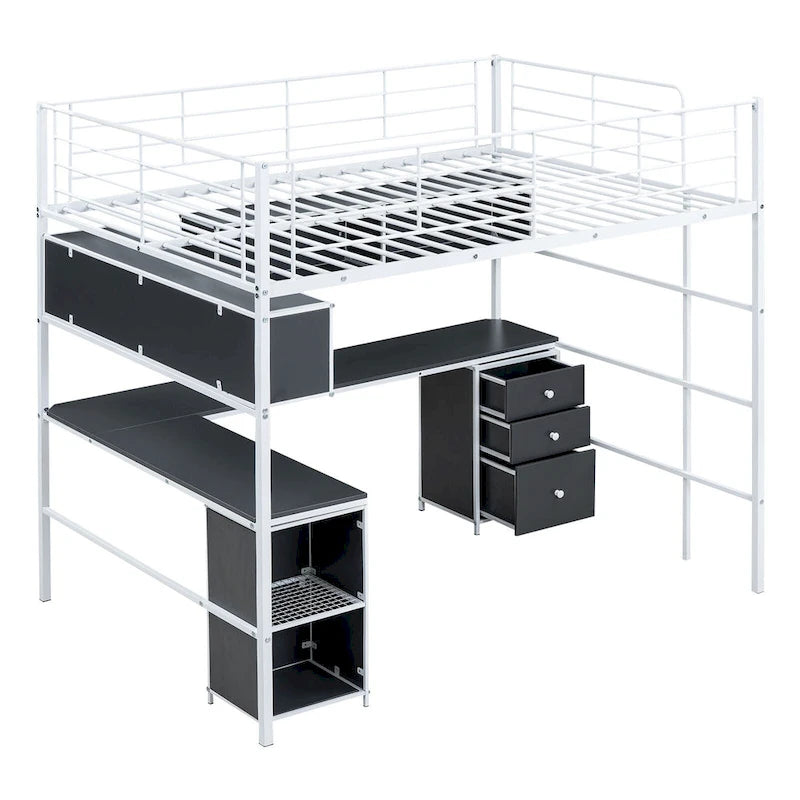 Full Size Loft Bed with Bookcase & Cabinet, Metal Loft Bed with L -shaped Built-in Desk, Metal Bed Frame for Kids, Teens, Adults