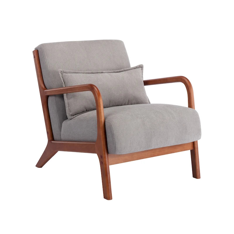 Corduroy Fabric Accent Chair with Pillow and Rubberwood Frame