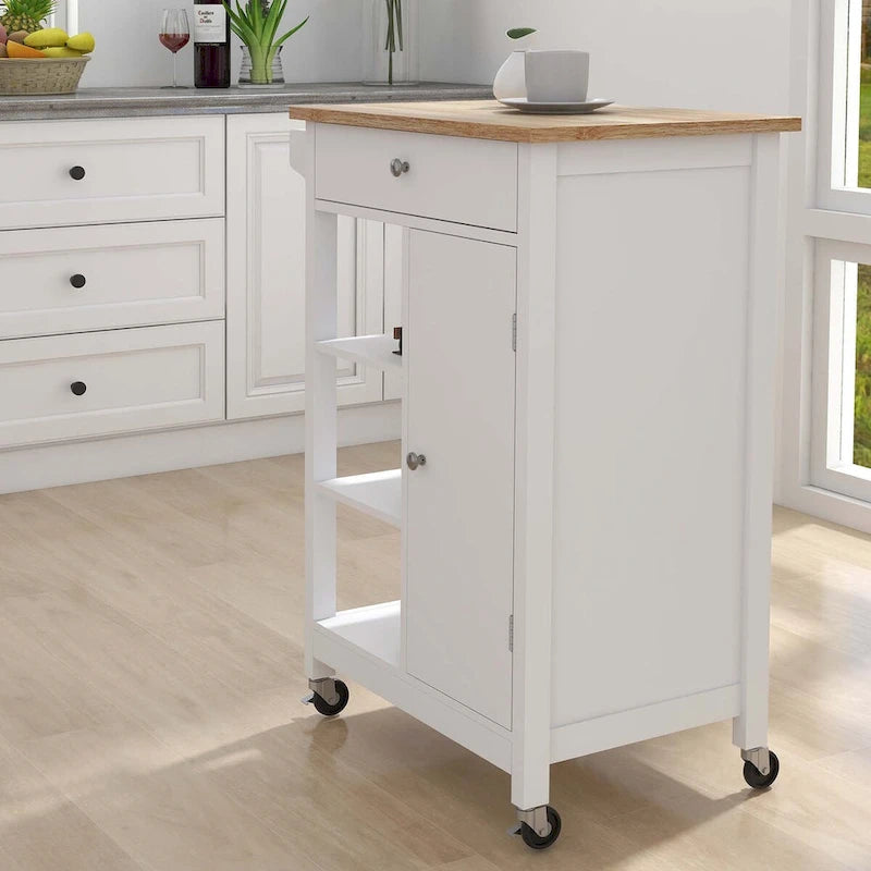 White Rolling Kitchen Island with Towel Rack