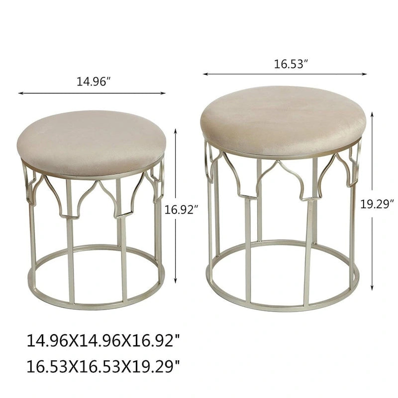 Round Stackable Footstool Ottoman, Set of 2 – Velvet, Gold Steel Legs, Light Grey