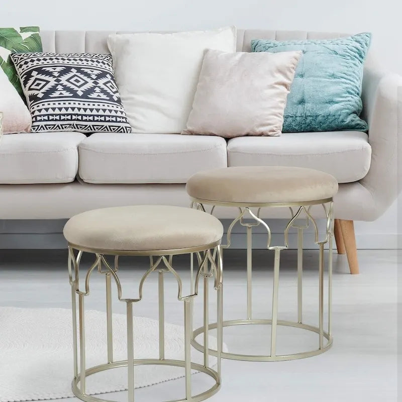 Round Stackable Footstool Ottoman, Set of 2 – Velvet, Gold Steel Legs, Light Grey