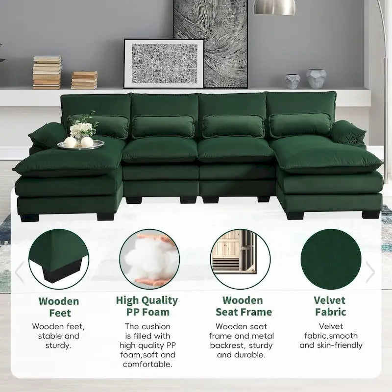 110*55 Modern U-Shaped Sectional Sofa with Waist Pillows,6-Seat Upholstered Symmetrical Sofa Furniture