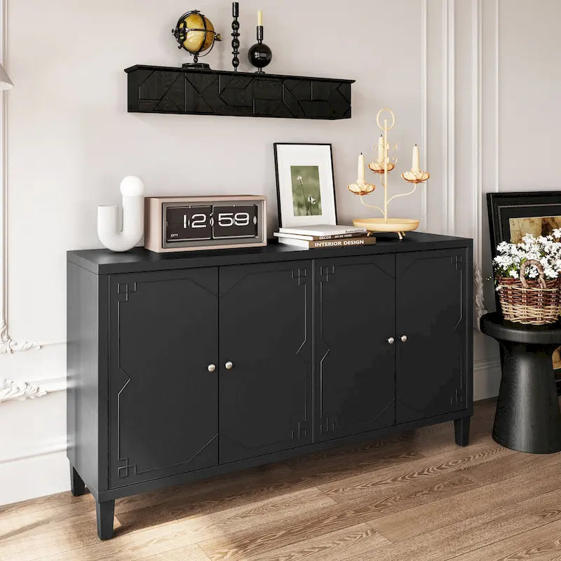 60-in Modern Matte Black 4 Door Wooden Sideboard Buffet Server Accent Storage Cabinet