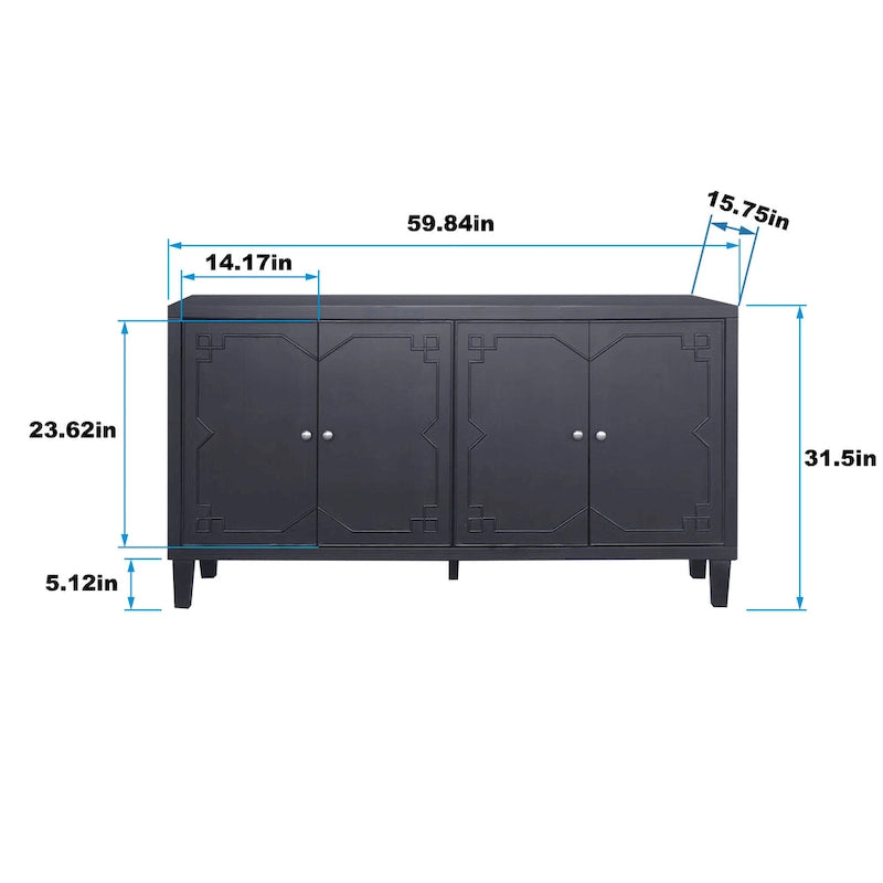 60-in Modern Matte Black 4 Door Wooden Sideboard Buffet Server Accent Storage Cabinet