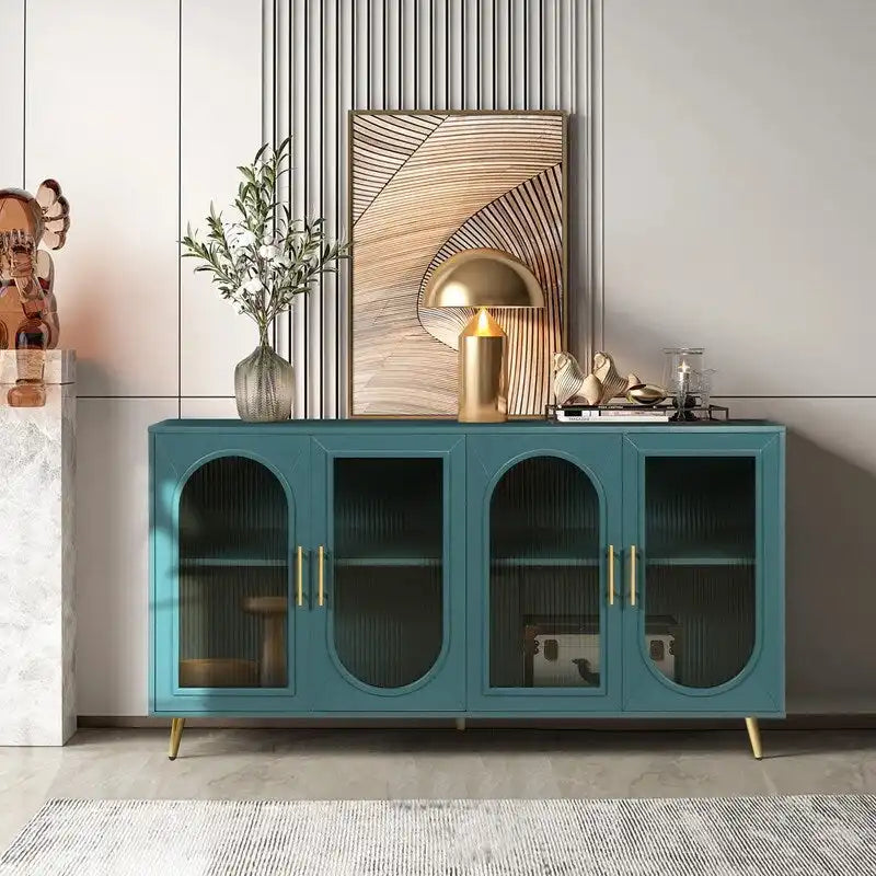 A 59.8-inch wide sideboard with a mid-century modern style, featuring recessed tempered glass doors and adjustable shelves.