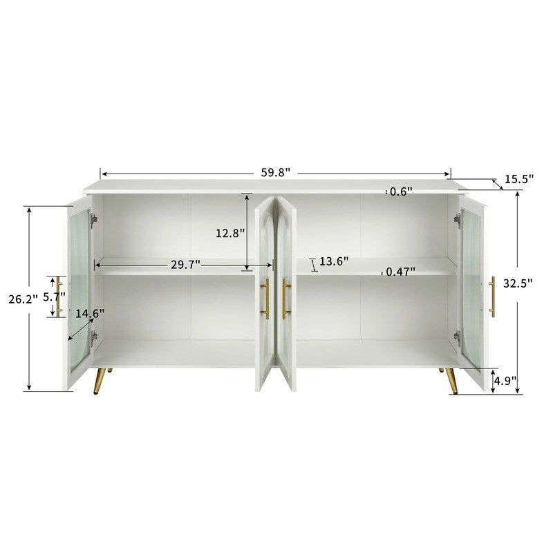 Grondin Mid-Century Modern Style 59.8 Wide Sideboard Buffet with Fluted Tempered Glass Doors and Adjustable Shelves