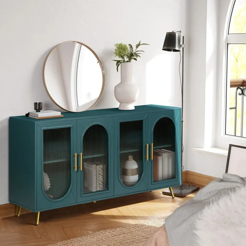 Grondin Mid-Century Modern Style 59.8 Wide Sideboard Buffet with Fluted Tempered Glass Doors and Adjustable Shelves