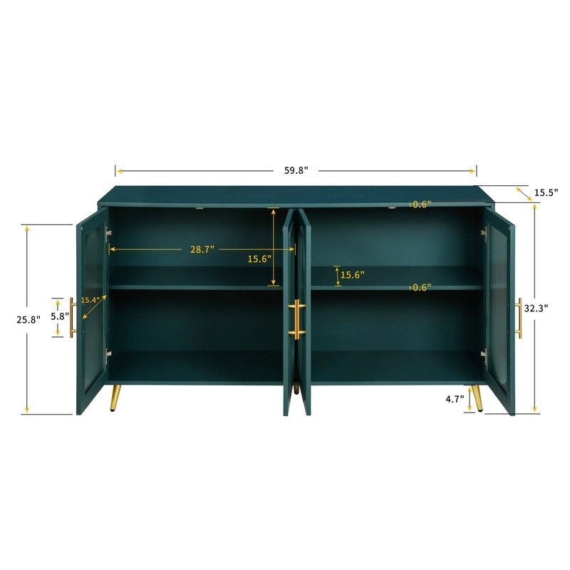 Grondin Mid-Century Modern Style 59.8 Wide Sideboard Buffet with Fluted Tempered Glass Doors and Adjustable Shelves